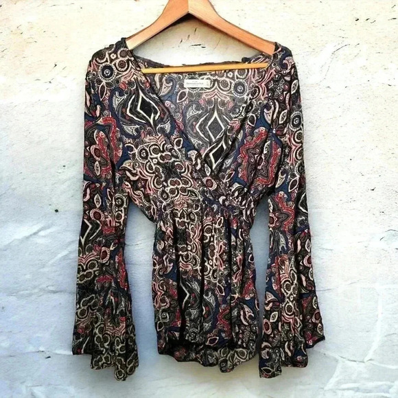 Abercrombie & Fitch Women's Blue Tan Short Bohemian Romper Small Wrap V-Neck - Picture 2 of 6